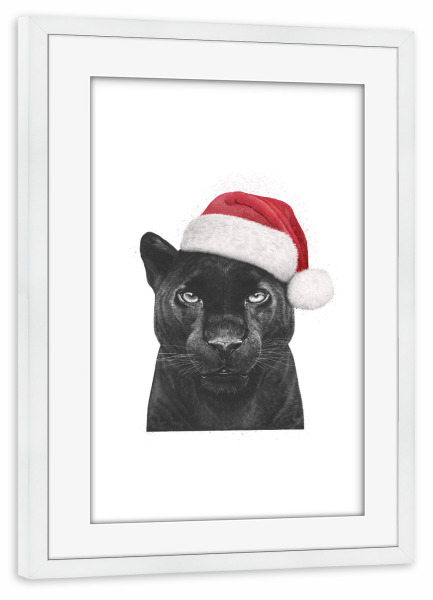 Poster mit Rahmen weiß "Christmas panther boy" artboxONE - Tiere,Schwarzweiß,Weihnachten - Panther,Black panther,Christmas,Cat