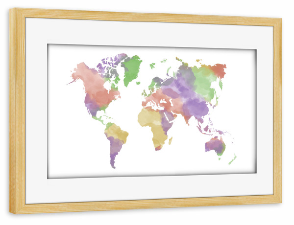Poster mit Rahmen kiefer "World Map in watercolor lavender" artboxONE - Reise,Kartografie