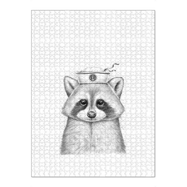 Puzzle Ravensburger "Raccoon sailor" artboxONE - Tiere,Schwarzweiß - Waschbär,Waschbären,Seemann,Meer,Ozean,Hut,Schwarz und weiß - Bild waschbär