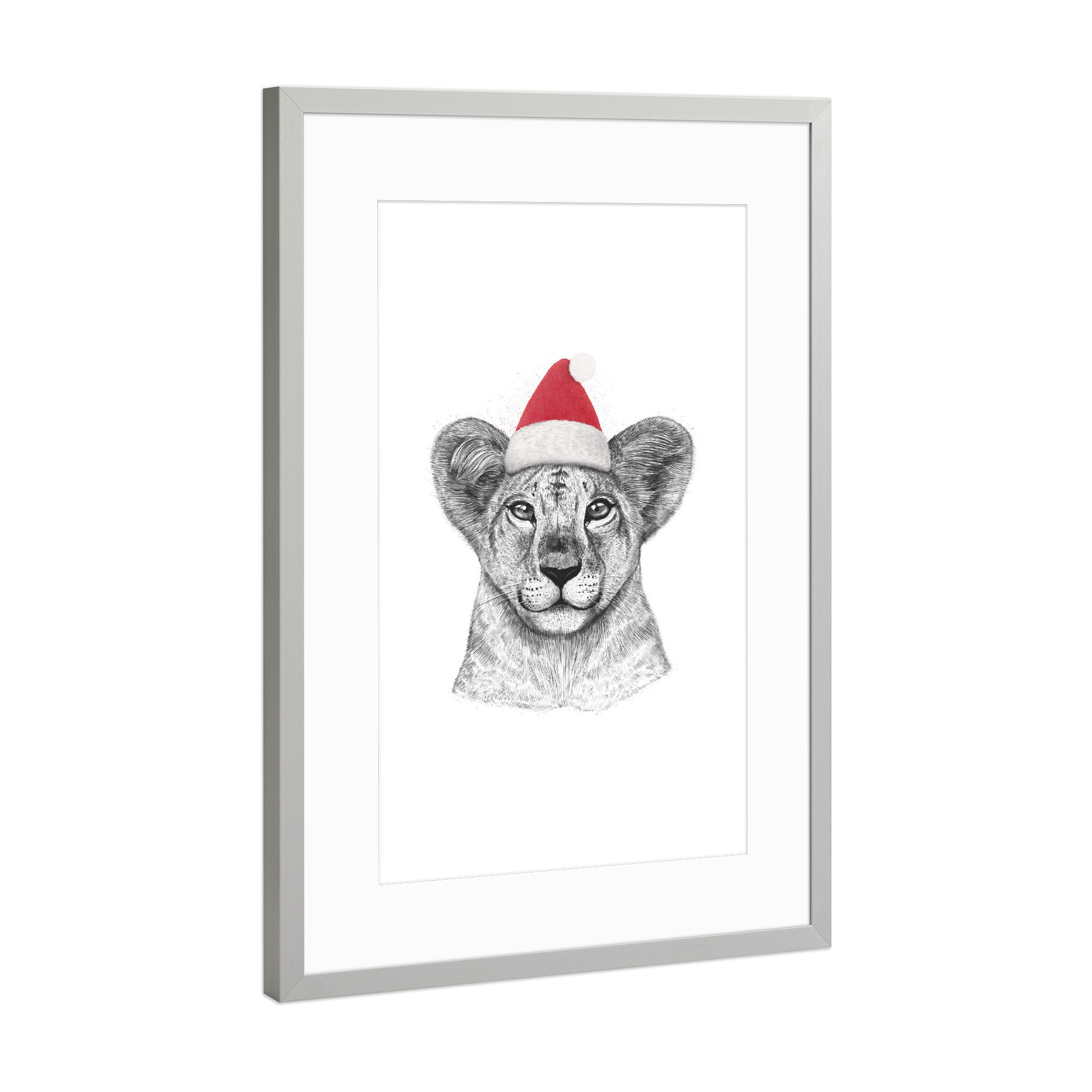 Poster mit Rahmen Silber "Christmas princess lioness" artboxONE - Tiere,Schwarzweiß,Weihnachten - Lion,Cat,Princess,Christmas