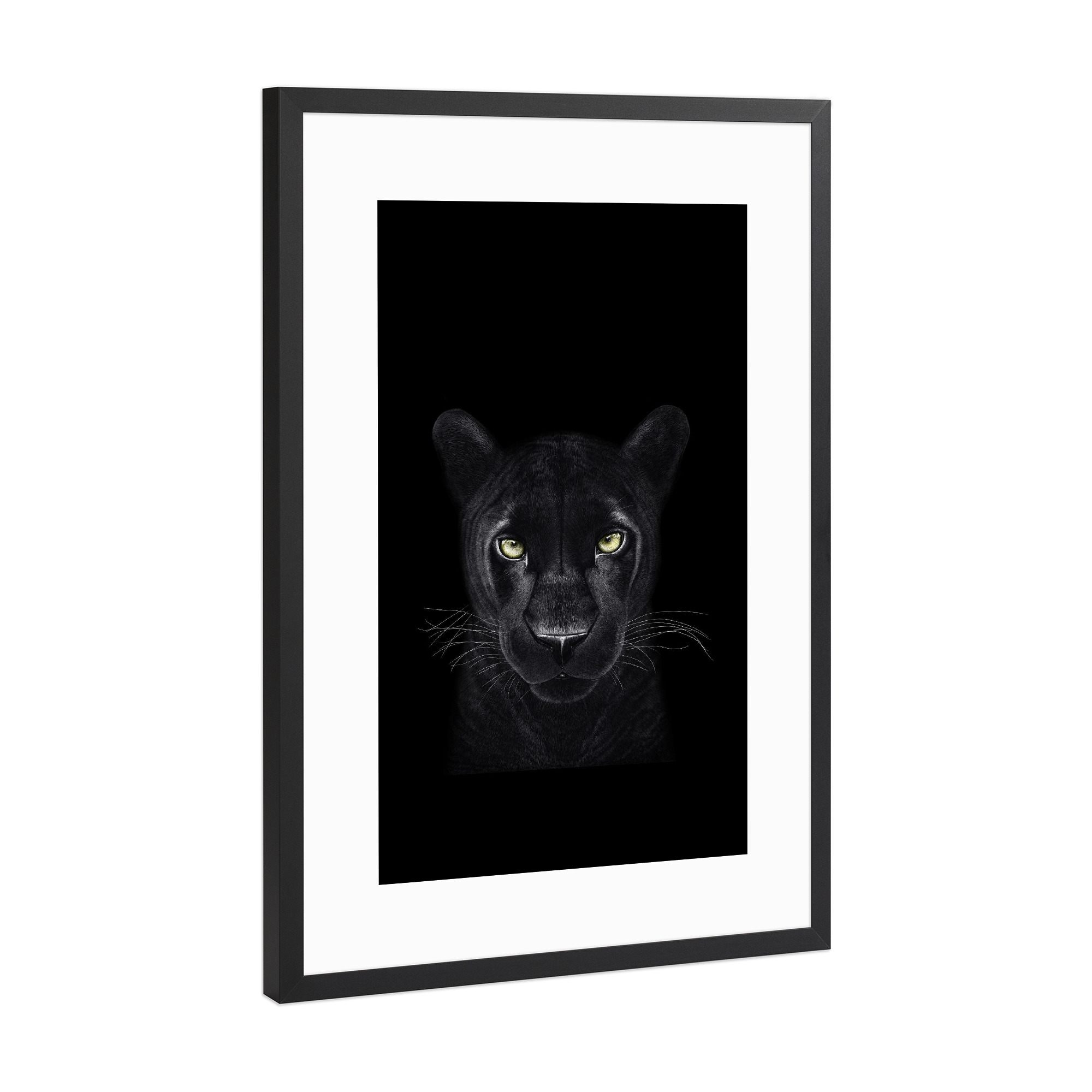 Poster mit Rahmen Schwarz (Metallic) "Panther on black" artboxONE - Tiere - Panther,Black panther,Cat
