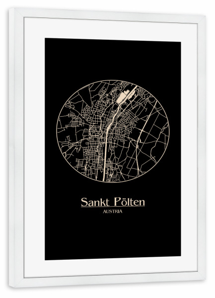 Poster mit Rahmen weiß "Retro Map Sankt Pölten Circle" artboxONE - Städte / Weitere,Kartografie