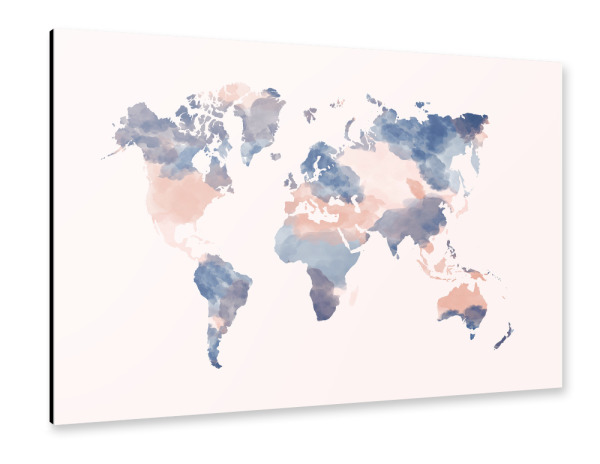 Alu-Dibond "World Map blush pink and navy" 30x20 cm artboxONE