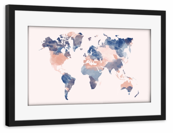 Poster mit Rahmen schwarz "World Map blush pink and navy" artboxONE - Reise,Kartografie - Watercolor map,Blush rose,Navy blue,World map,Weltkarte
