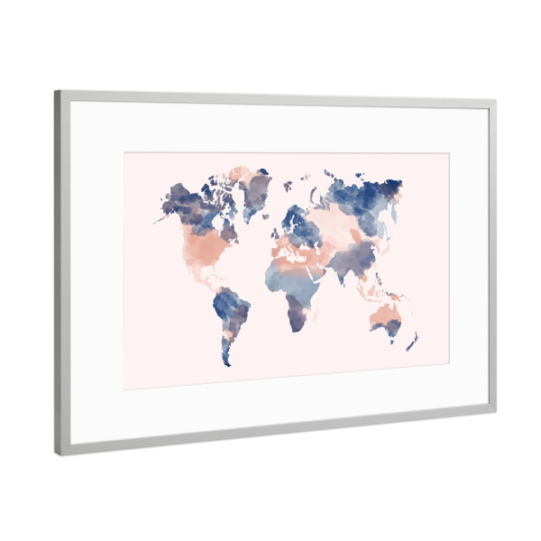 Poster mit Rahmen Silber "World Map blush pink and navy" artboxONE - Reise,Kartografie - Watercolor map,Blush rose,Navy blue,World map,Weltkarte