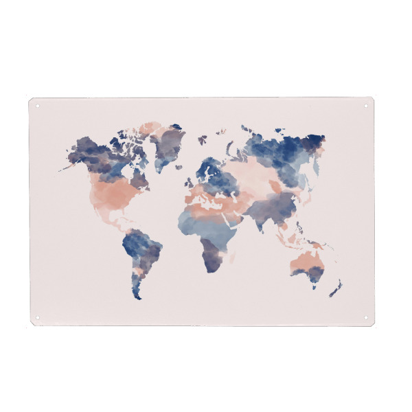 Metall Poster "World Map blush pink and navy" artboxONE - Reise,Kartografie - Watercolor map,Blush rose,Navy blue,World map,Weltkarte - Blechschild