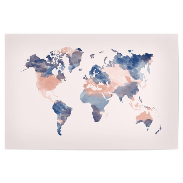 Poster "World Map blush pink and navy" artboxONE - Reise,Kartografie - Watercolor map,Blush rose,Navy blue,World map,Weltkarte