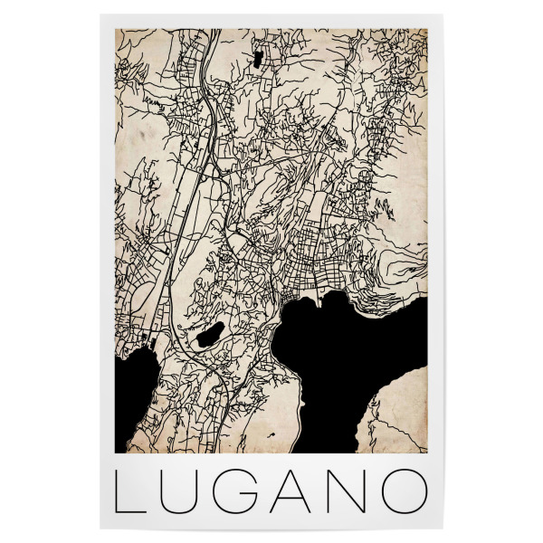Poster 30x20 cm "Retro Map Lugano Vintage" artboxONE - Reise,Weihnachten,Städte / Weitere,Kartografie - Retro,Map,Lugano,Switzerland,Vintage,Black