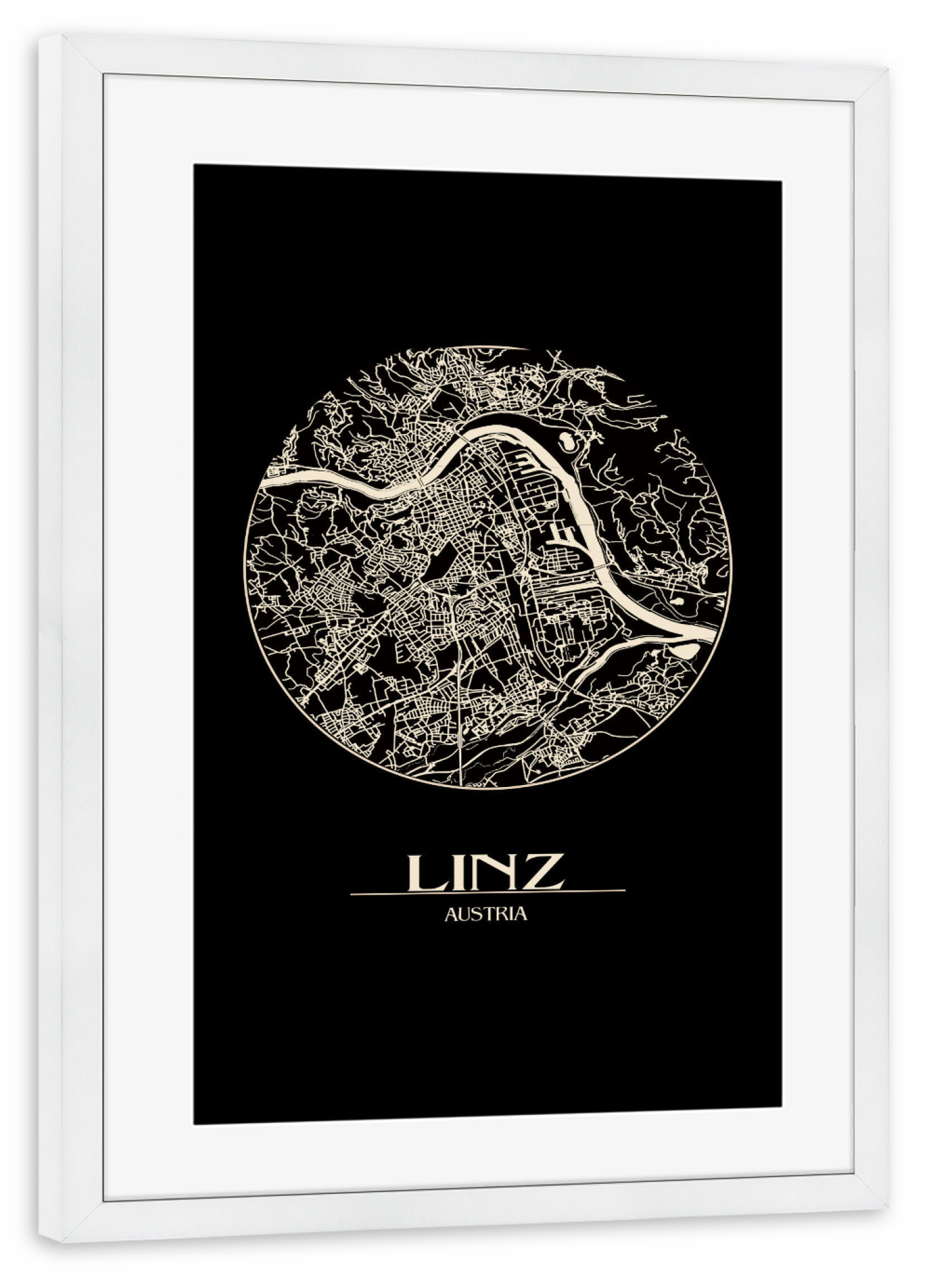 Poster mit Rahmen weiß "Retro Map Linz Black Round" artboxONE - Städte,Reise,Städte / Weitere,Kartografie - Retro,Map,Linz,Austria,Vintage,Black