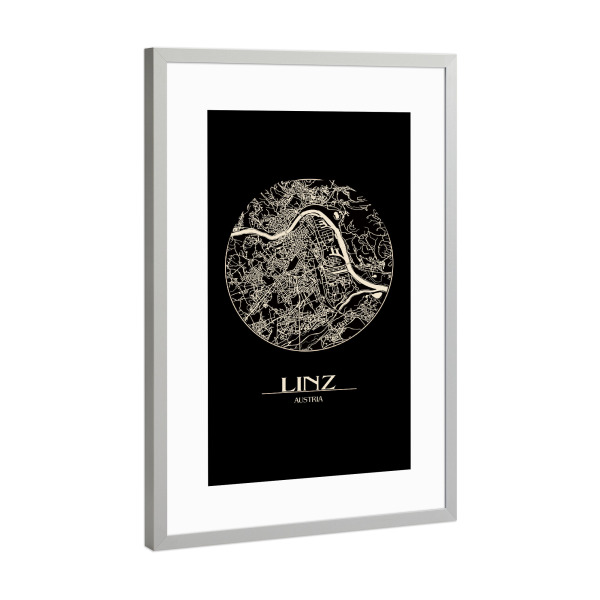 Poster mit Rahmen Silber "Retro Map Linz Black Round" artboxONE - Städte,Reise,Städte / Weitere,Kartografie - Retro,Map,Linz,Austria,Vintage,Black