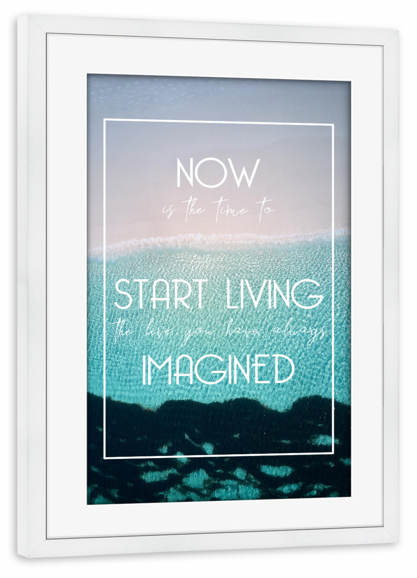Poster mit Rahmen weiß "Now Is The Time" artboxONE - Typografie,Reise,Reise / Strand und Meer,Reise / Länder