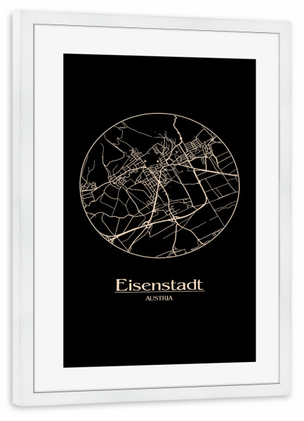Poster mit Rahmen weiß "Retro Map Eisenstadt Round" artboxONE - Städte,Reise,Städte / Weitere,Kartografie