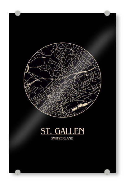 Acrylglasbild "Retro Map St. Gallen Black Round" artboxONE - Städte,Reise,Städte / Weitere,Kartografie
