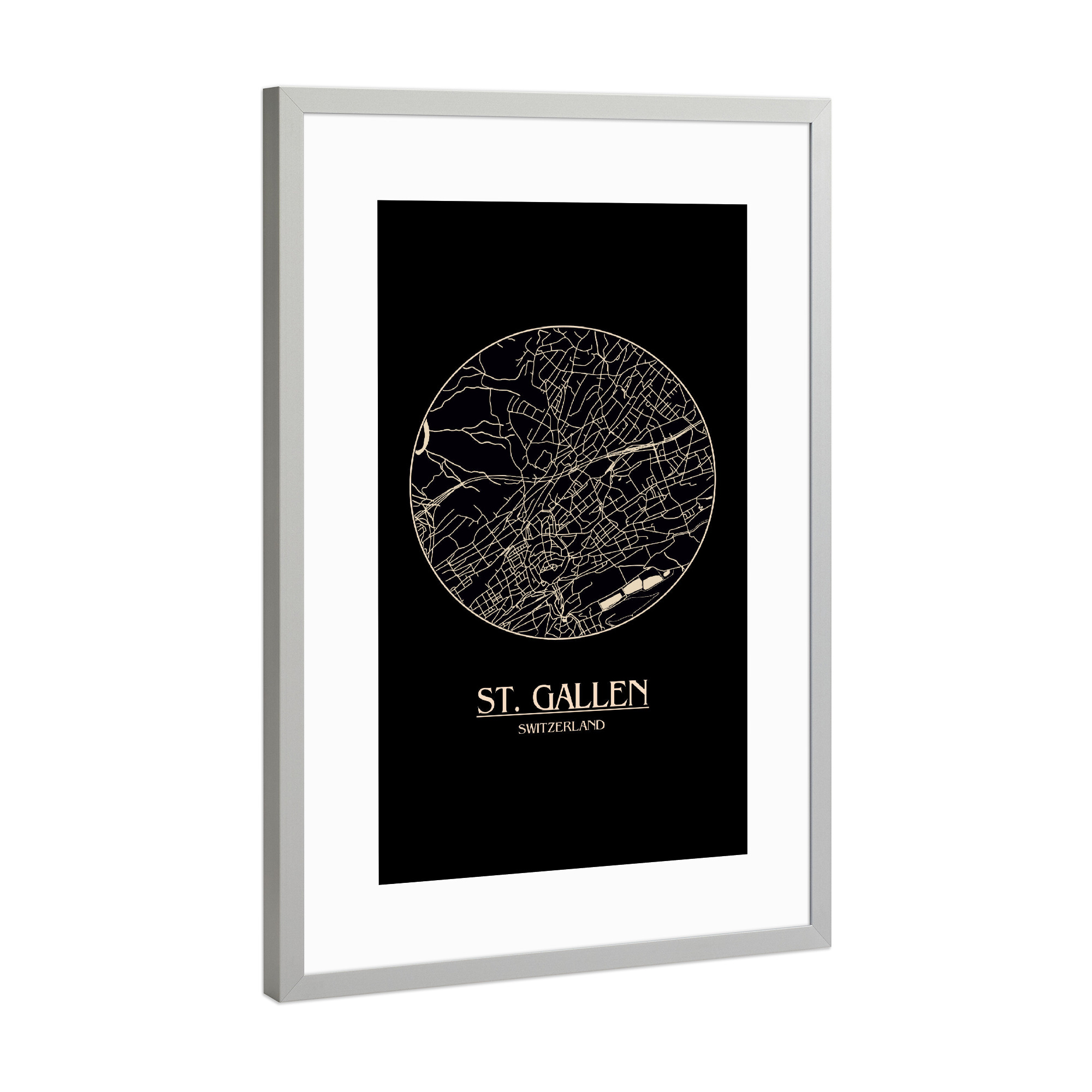 Poster mit Rahmen Silber "Retro Map St. Gallen Black Round" artboxONE - Städte,Reise,Städte / Weitere,Kartografie