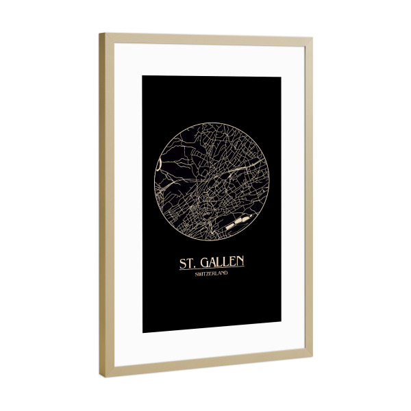 Poster mit Rahmen Gold "Retro Map St. Gallen Black Round" artboxONE - Städte,Reise,Städte / Weitere,Kartografie