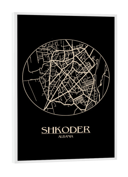 Poster mit weißem Rahmen "Retro Map Shkodër Black Round" artboxONE - Städte,Reise,Städte / Weitere,Kartografie