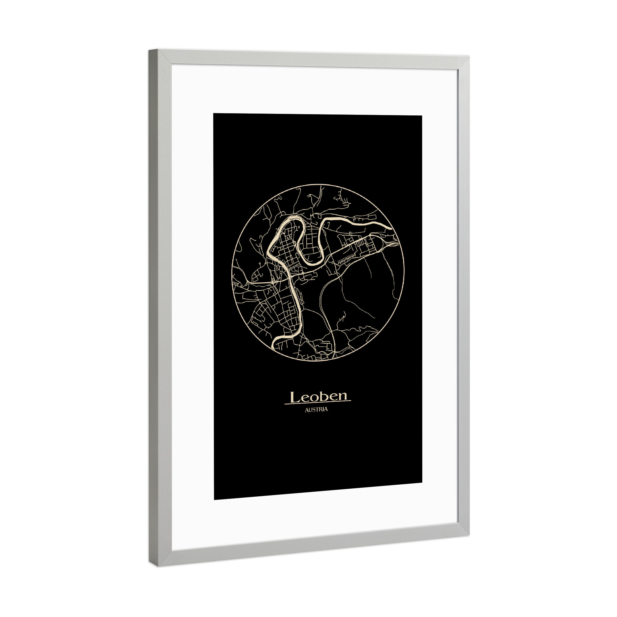 Poster mit Rahmen Silber "Retro Map Leoben Black Round" artboxONE - Städte,Reise,Städte / Weitere,Kartografie - Retro,Map,Leoben,Austria,Vintage,Black