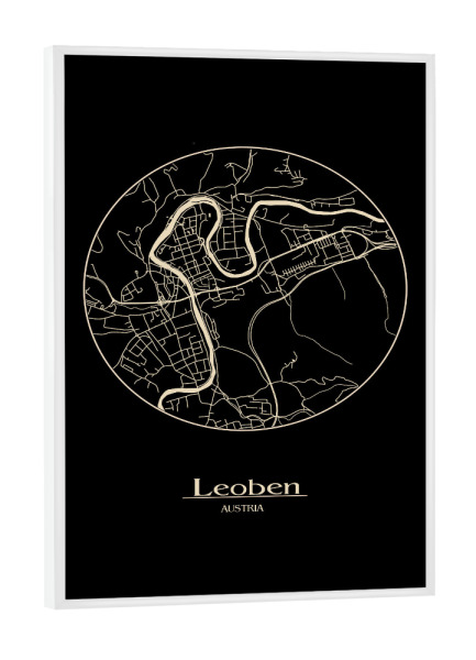 Poster mit weißem Rahmen "Retro Map Leoben Black Round" artboxONE - Städte,Reise,Städte / Weitere,Kartografie