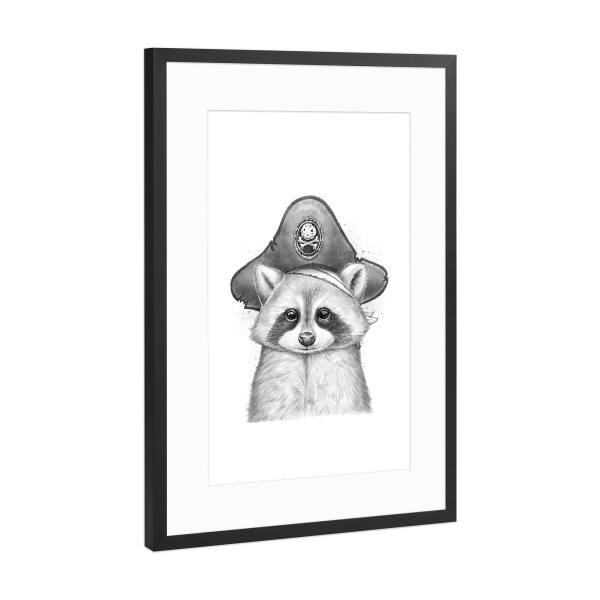 Poster mit Rahmen Schwarz (Metallic) "Raccoon pirate" artboxONE - Tiere,Schwarzweiß