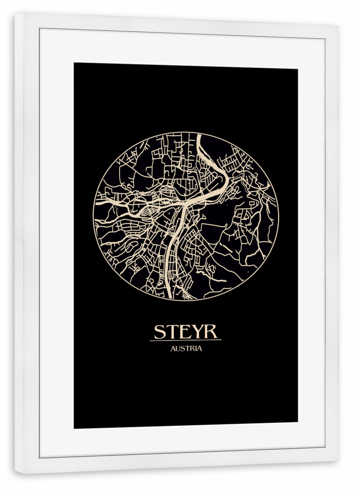 Poster mit Rahmen weiß "Retro Map Steyr Round" artboxONE - Städte,Reise,Städte / Weitere,Kartografie - Retro,Map,Steyr,Austria