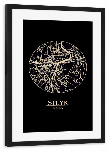 Poster mit Rahmen schwarz "Retro Map Steyr Round" artboxONE - Städte,Reise,Städte / Weitere,Kartografie - Retro,Map,Steyr,Austria