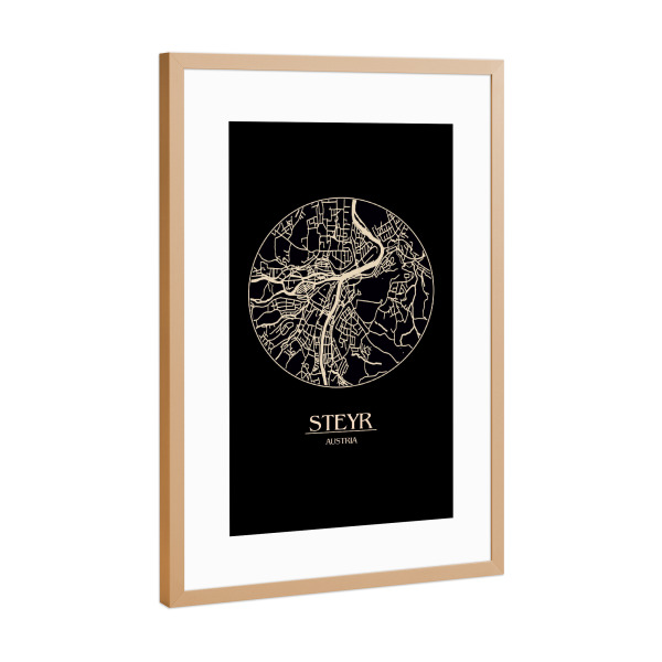 Poster mit Rahmen Kupfer "Retro Map Steyr Round" artboxONE - Städte,Reise,Städte / Weitere,Kartografie - Retro,Map,Steyr,Austria