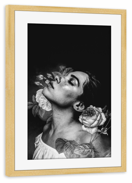 Poster mit Rahmen kiefer "The Love Scent" artboxONE - Menschen,Schwarzweiß - Girl,Flowers,Sexy,Nature,Happy