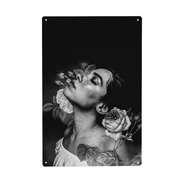 Metall Poster "The Love Scent" artboxONE - Menschen,Schwarzweiß - Girl,Flowers,Sexy,Nature,Happy - Blechschild