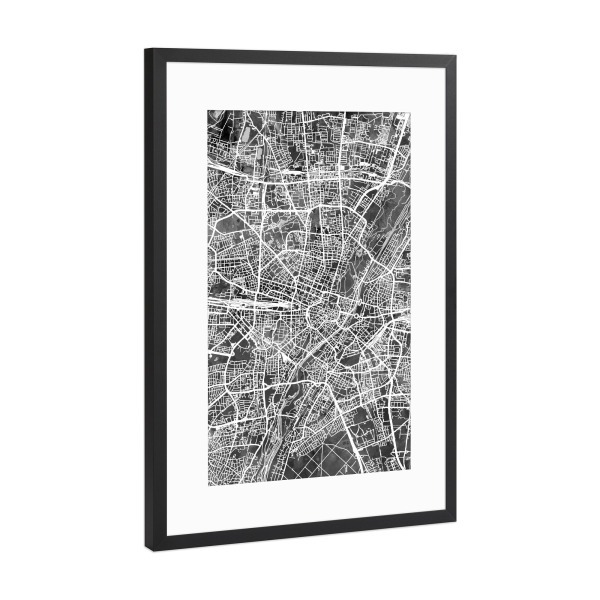 Poster mit Rahmen Schwarz (Metallic) "München City Map Black" artboxONE - Städte / München,Schwarzweiß,Kartografie - München,Munich,Map