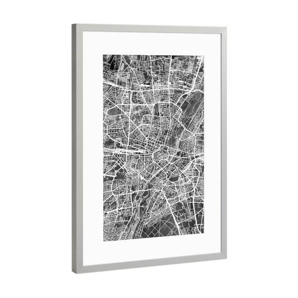 Poster mit Rahmen Silber "München City Map Black" artboxONE - Städte / München,Schwarzweiß,Kartografie - München,Munich,Map
