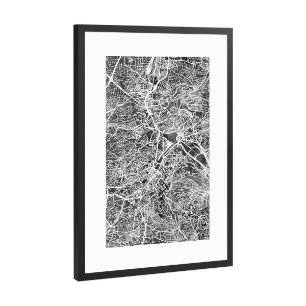 Poster mit Rahmen Schwarz (Metallic) "Stuttgart Germany City Map Black" artboxONE - Schwarzweiß,Städte / Stuttgart,Kartografie - Stuttgart,Germany,Map