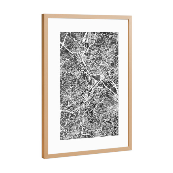 Poster mit Rahmen Kupfer "Stuttgart Germany City Map Black" artboxONE - Schwarzweiß,Städte / Stuttgart,Kartografie - Stuttgart,Germany,Map