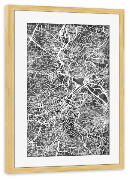 Poster mit Rahmen kiefer "Stuttgart Germany City Map Black" artboxONE - Schwarzweiß,Städte / Stuttgart,Kartografie - Stuttgart,Germany,Map