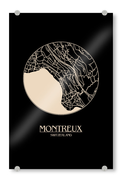 Acrylglasbild "Retro Map Montreux Black Round" artboxONE - Städte,Reise,Städte / Weitere,Kartografie - Retro,Map,Montreux,Switzerland,Vintage,Black