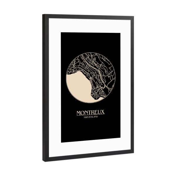 Poster mit Rahmen Schwarz (Metallic) "Retro Map Montreux Black Round" artboxONE - Städte,Reise,Städte / Weitere,Kartografie