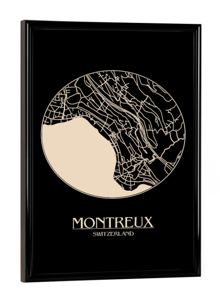 Poster mit schwarzem Rahmen "Retro Map Montreux Black Round" artboxONE - Städte,Reise,Städte / Weitere,Kartografie