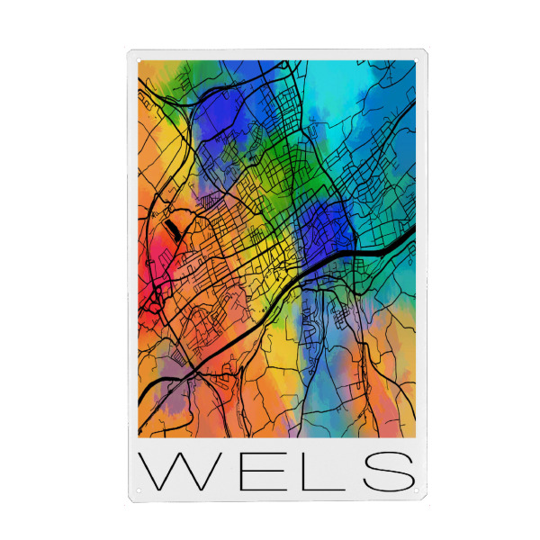 Holzbild "Retro Map Wels Watercolor" artboxONE - Städte,Reise,Städte / Weitere,Kartografie - Retro,Map,Wels