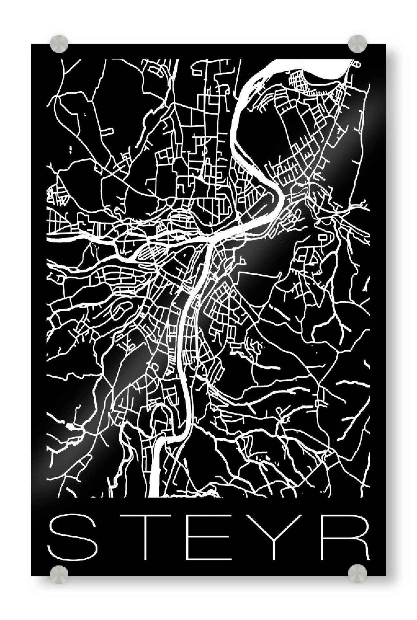 Acrylglasbild "Retro Map Steyr Black" artboxONE - Städte,Reise,Schwarzweiß,Städte / Weitere,Kartografie - Retro,Map,Steyr,Austria
