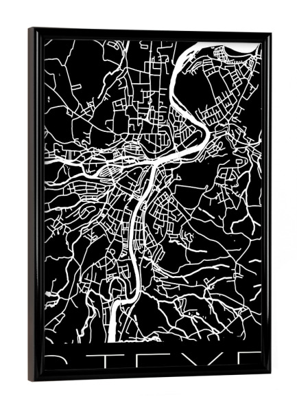 Poster mit schwarzem Rahmen "Retro Map Steyr Black" artboxONE - Städte,Reise,Schwarzweiß,Städte / Weitere,Kartografie - Retro,Map,Steyr,Austria