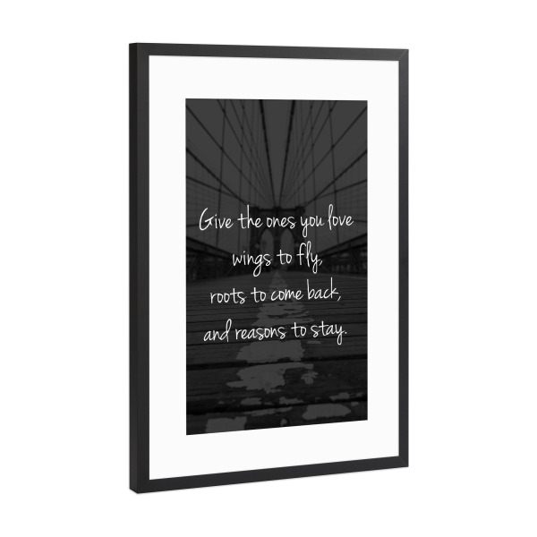 Poster mit Rahmen Schwarz (Metallic) "Wings to fly" artboxONE - Typografie,Schwarzweiß - Lebensmut,Lebensfreude,Vertrauen