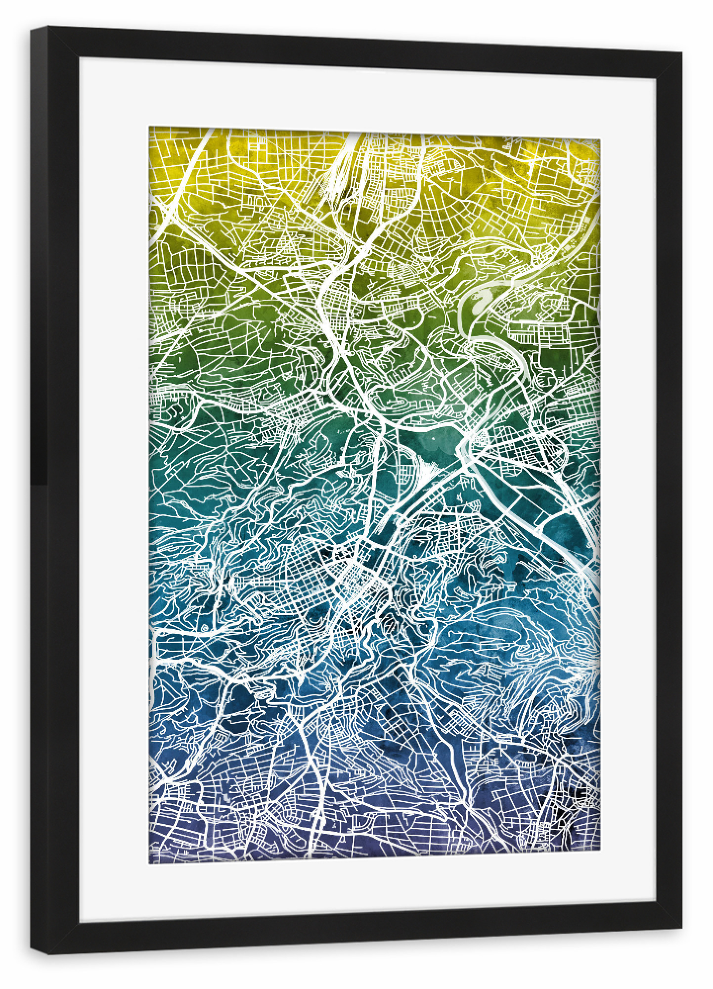 Poster mit Rahmen schwarz "Stuttgart City Map Blue Yellow" artboxONE - Städte / Stuttgart,Kartografie - Stuttgart,Germany,Map