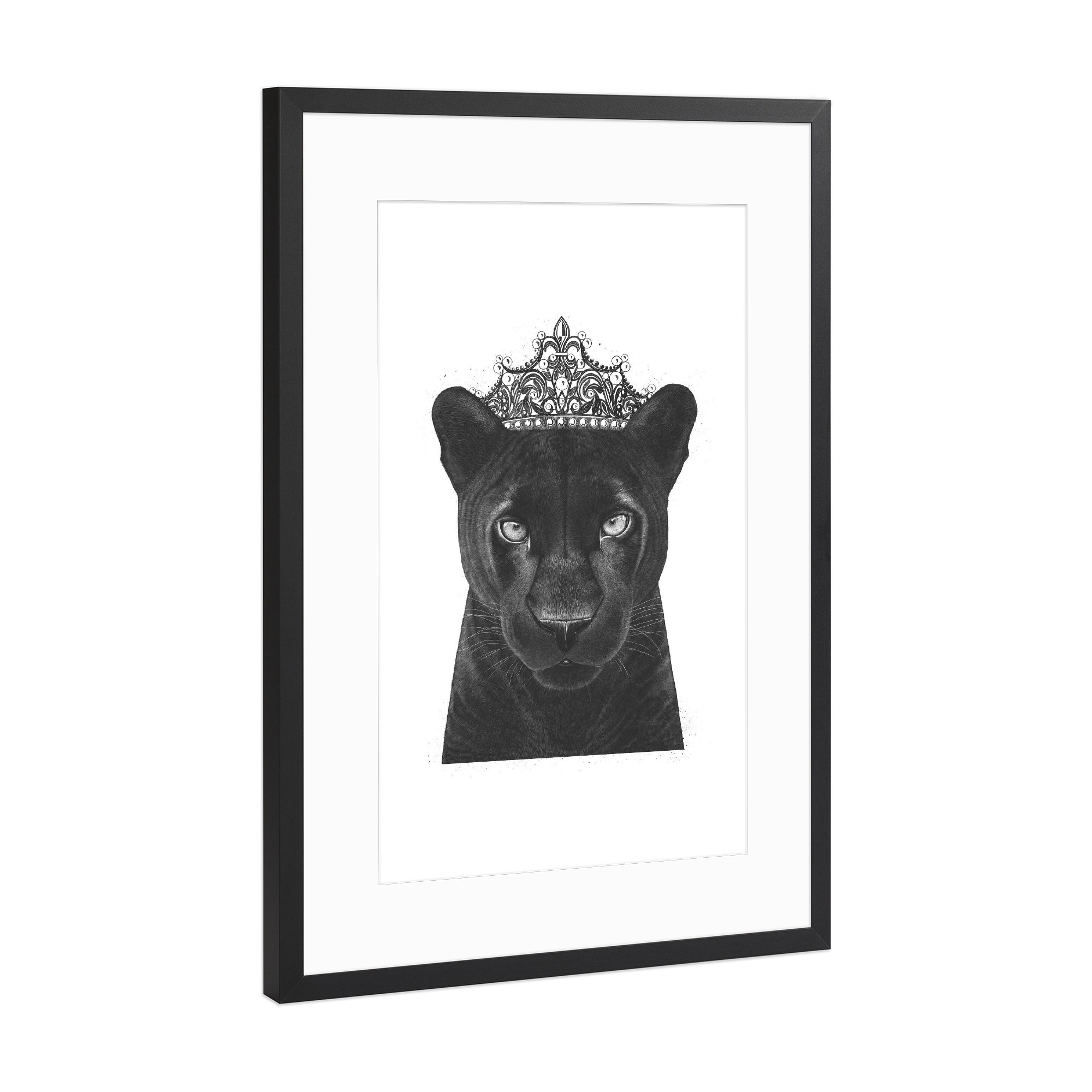 Poster mit Rahmen Schwarz (Metallic) "The Queen Panther" artboxONE - Tiere,Schwarzweiß - Panther,Black panther,Cat,Queen,Royal,Black and white