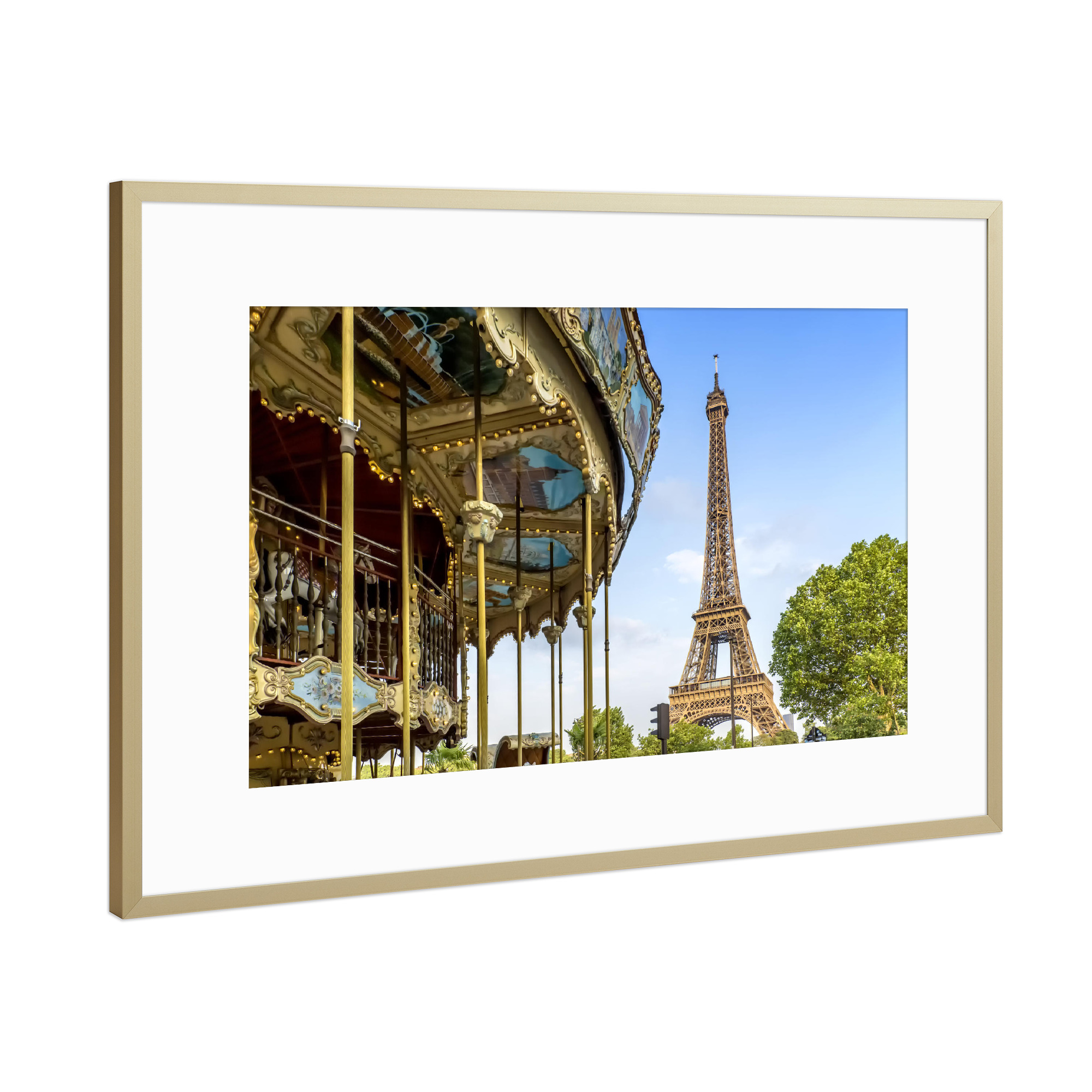 Poster mit Rahmen Gold "Typisch Paris" artboxONE - Städte / Paris - Eiffelturm,Karussell,Stadtansicht