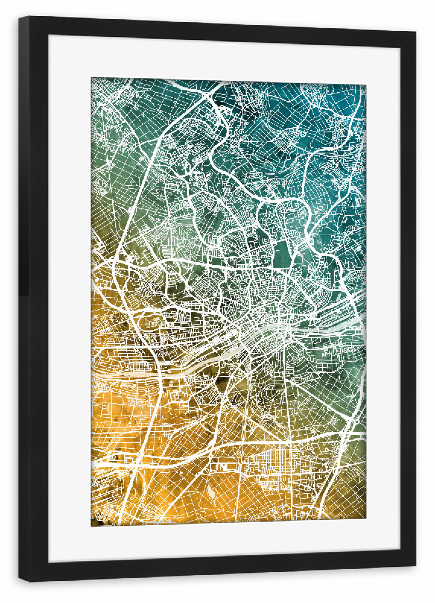 Poster mit Rahmen schwarz "Frankfurt City Map Teal Orange" artboxONE - Städte / Frankfurt,Kartografie - Frankfurt,Frankfurt am main,Map