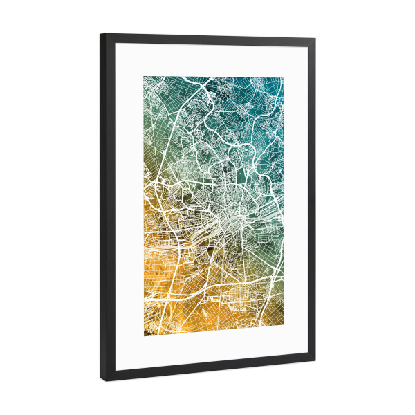 Poster mit Rahmen Schwarz (Metallic) "Frankfurt City Map Teal Orange" artboxONE - Städte / Frankfurt,Kartografie - Frankfurt,Frankfurt am main,Map