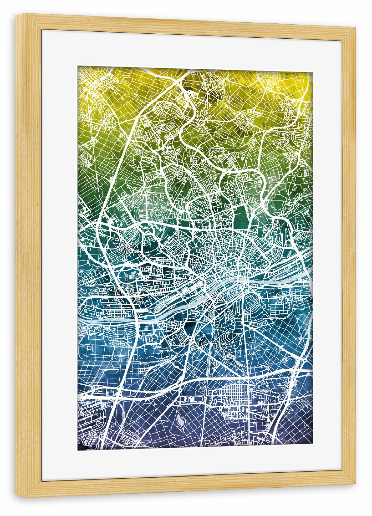 Poster mit Rahmen kiefer "Frankfurt City Map Blue Yellow" artboxONE - Städte / Frankfurt,Kartografie - Frankfurt,Frankfurt am main,Map