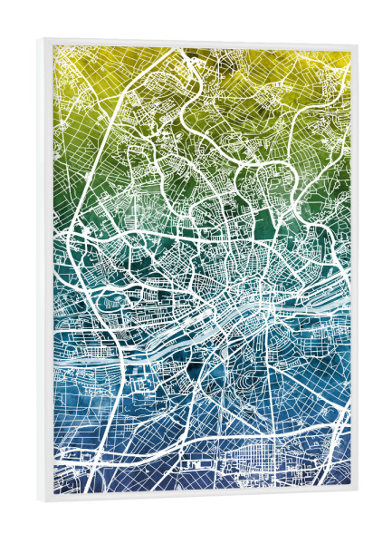 Poster mit weißem Rahmen "Frankfurt City Map Blue Yellow" artboxONE - Städte / Frankfurt,Kartografie - Frankfurt,Frankfurt am main,Map