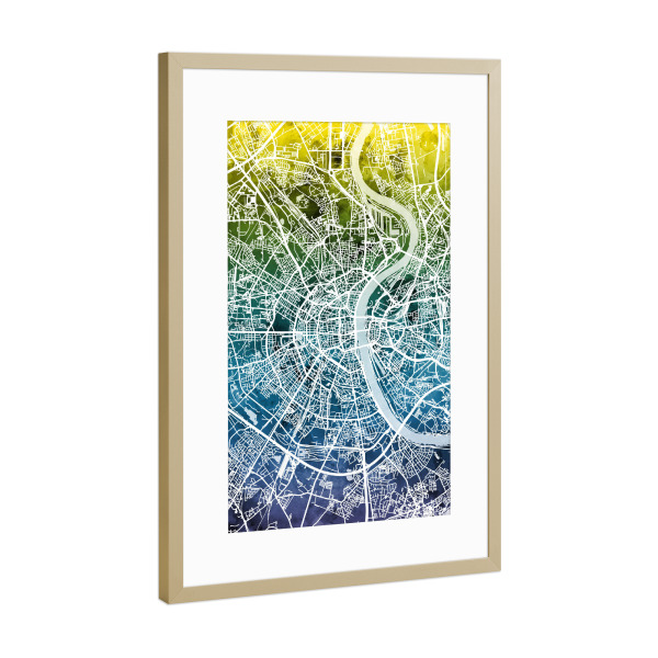 Poster mit Rahmen Gold "Köln City Map Blue Yellow" artboxONE - Städte / Köln,Kartografie - Köln,Cologne,Map