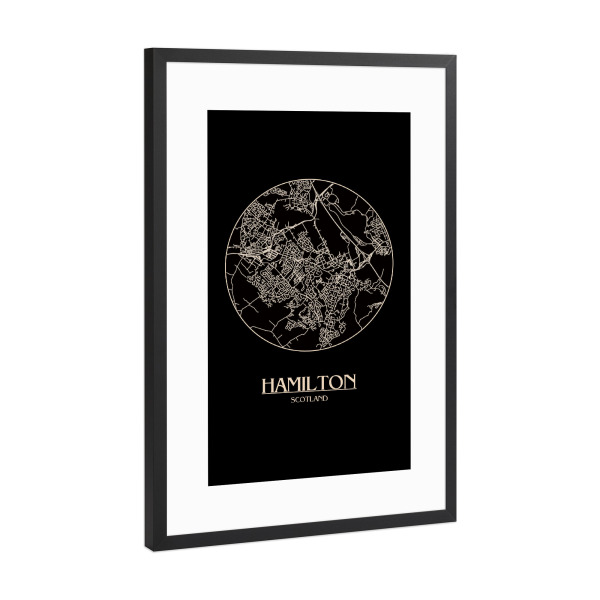 Poster mit Rahmen Schwarz (Metallic) "Retro Map Hamilton Black Round" artboxONE - Städte,Reise,Städte / Weitere,Kartografie