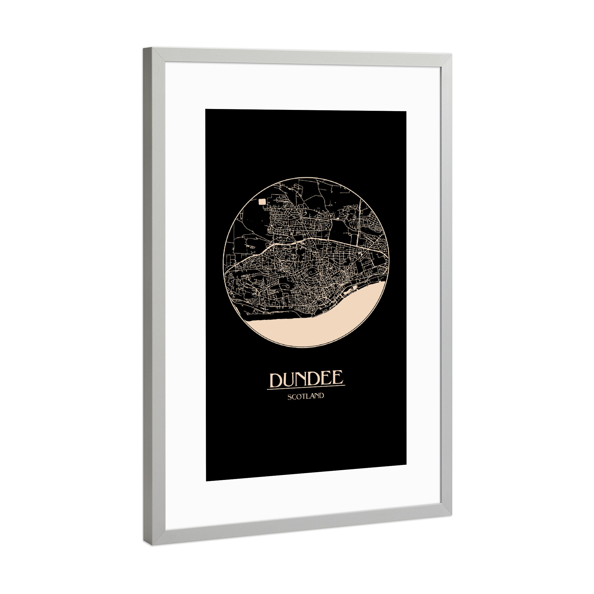 Poster mit Rahmen Silber "Retro Map Dundee Scotland Round" artboxONE - Städte,Reise,Städte / Weitere,Kartografie